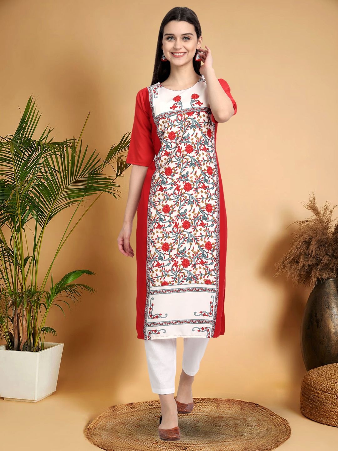 

7Threads Selection Of 5 Ethnic Motifs Printed Round Neck Straight Kurta, Red