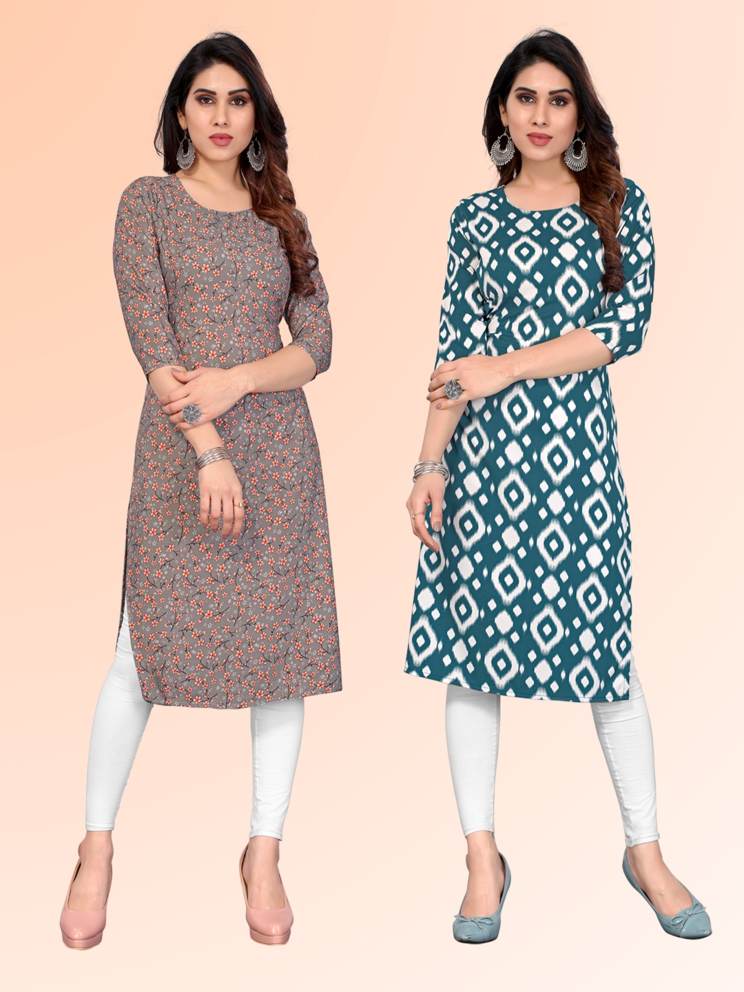 

KETAKI FASHION Selection Of 2 Ethnic Motifs Printed Round Neck Straight Kurtas, Teal