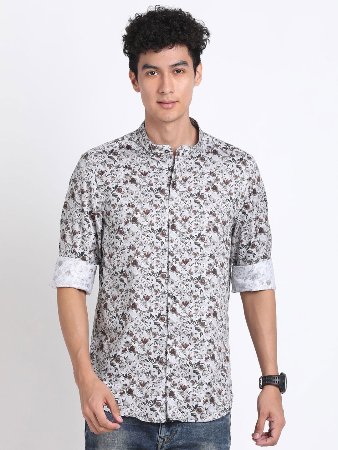 

Turtle Men Classic Fit Band Collar Floral Printed Cotton Casual Shirt, Grey