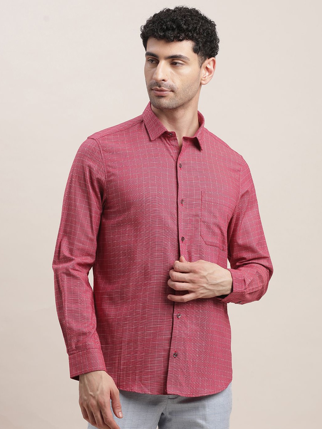 

Turtle Men Standard Slim Fit Spread Collar Grid Tattersall Checked Cotton Formal Shirt, Red