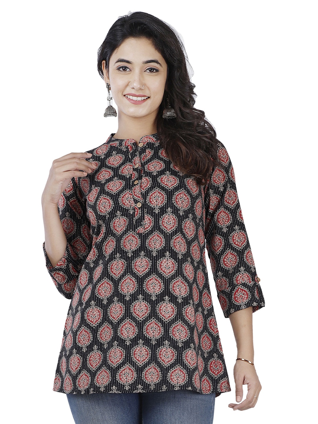 

NNAVDHA Women Printed Mandarin Collar Cotton Top, Black