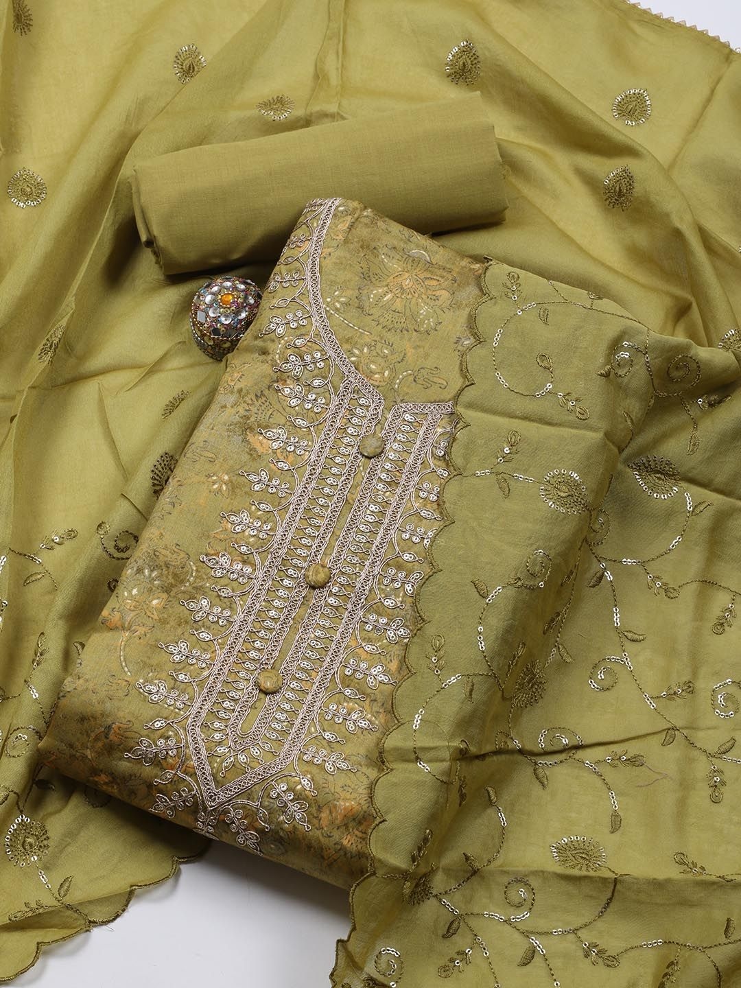

Meena Bazaar Ethnic Motifs Printed Sequinned Unstitched Dress Material, Green