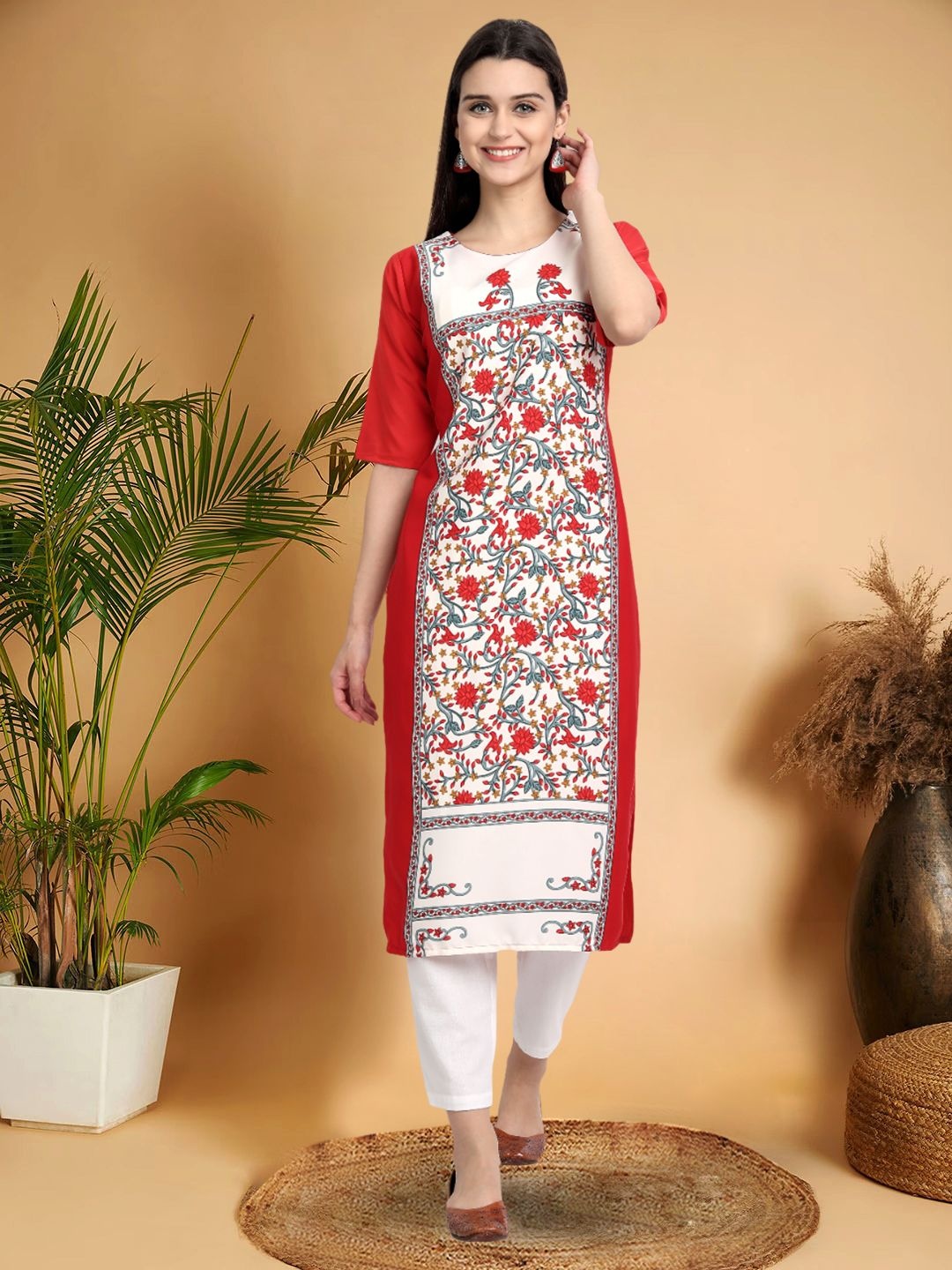 

7Threads Selection Of 3 Floral Printed Round Neck Straight Kurtas, Red