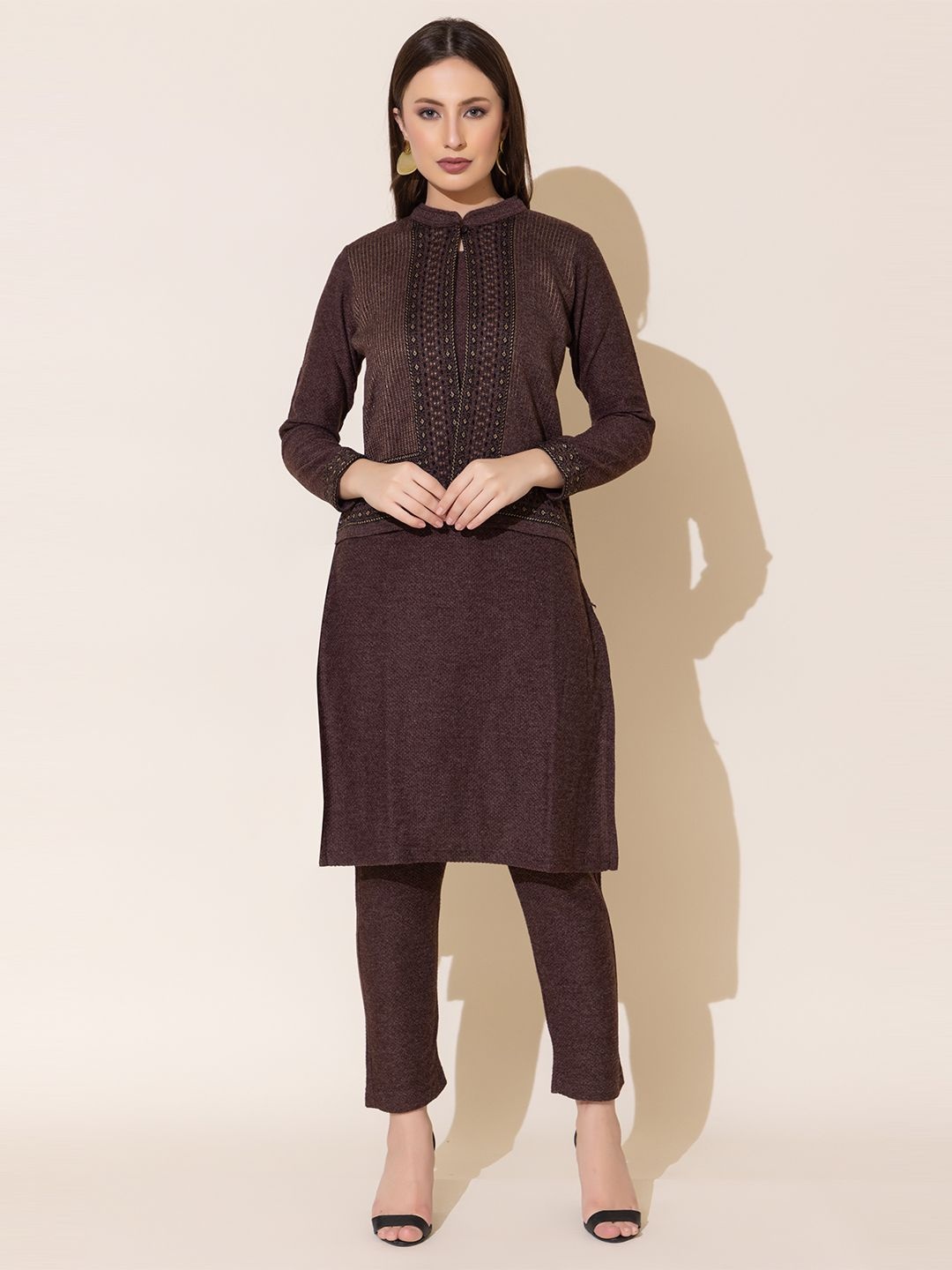 

KEIKO Ethnic Motifs Woven Design Mandarin Collar Acrylic Straight Kurta with Trousers, Brown