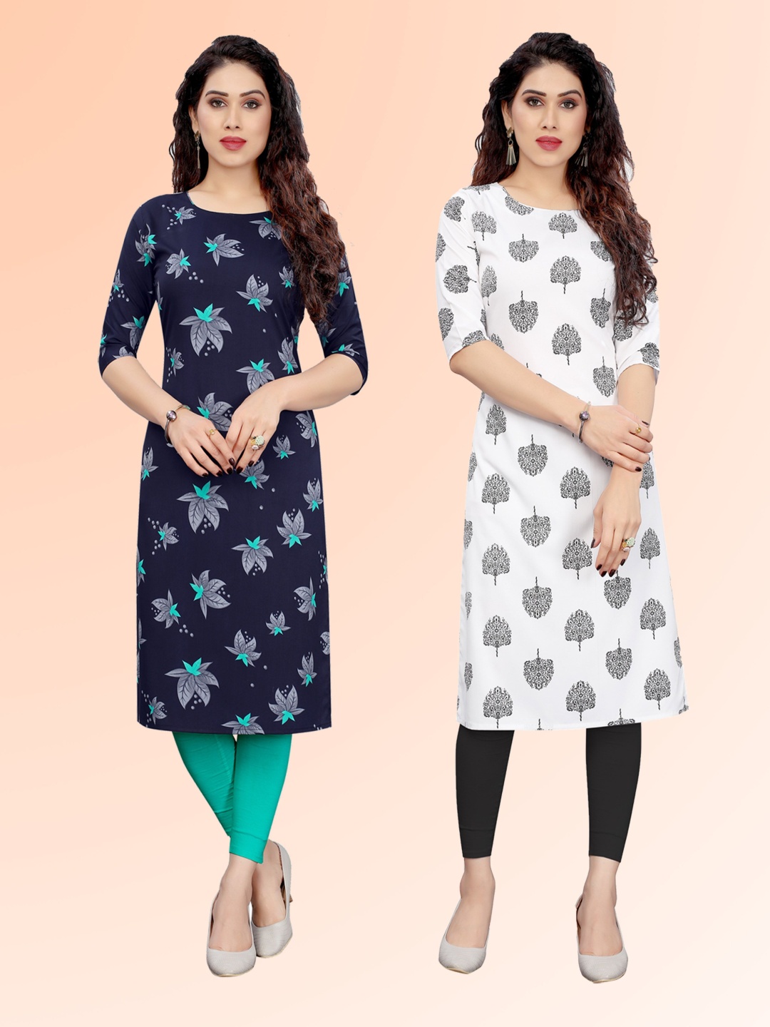 

KETAKI FASHION Selection Of 2 Floral Printed Round Neck Straight Kurtas, Navy blue