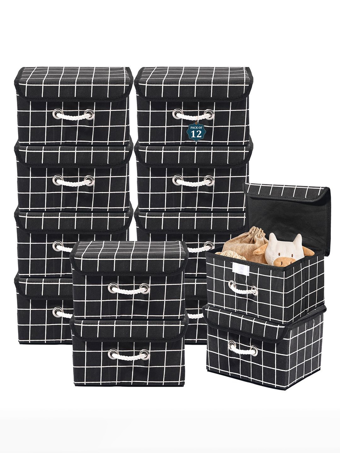 

Kuber Industries Black Set of 12 Reusable Drawer Organiser Check Print Storage Basket