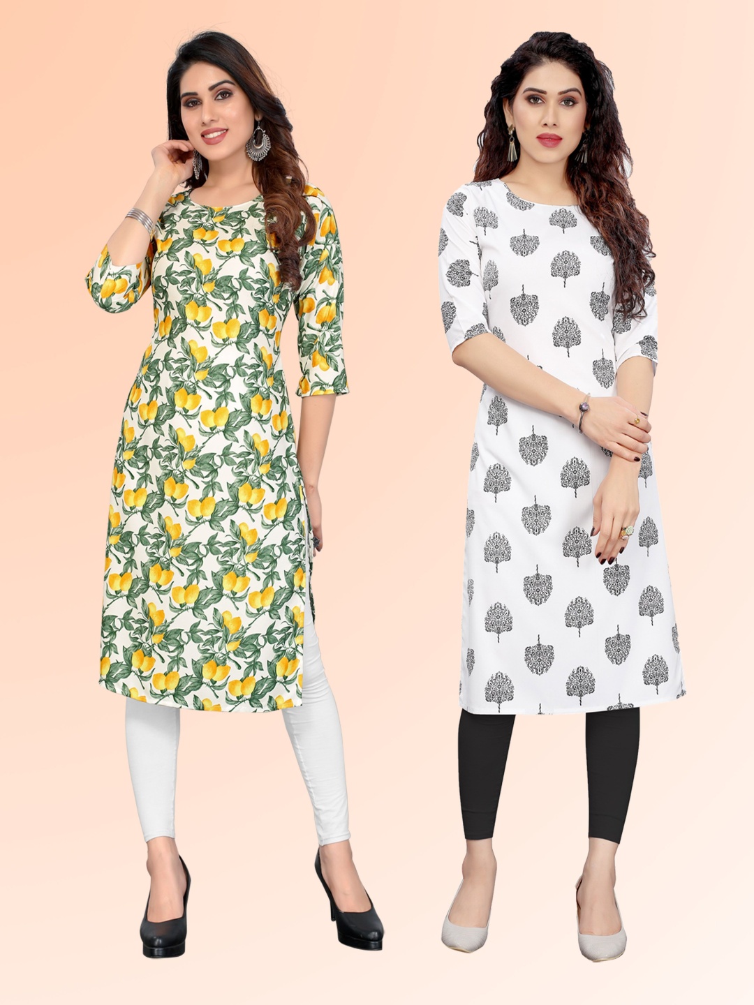 

KETAKI FASHION Selection Of 2 Floral Printed Round Neck Straight Kurtas, White