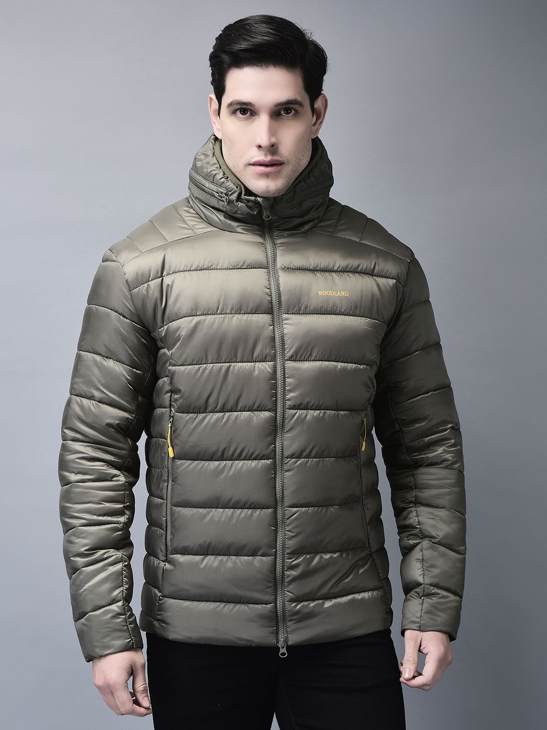 

Woodland Men Mock Collar Solid Casual Puffer Jacket, Olive