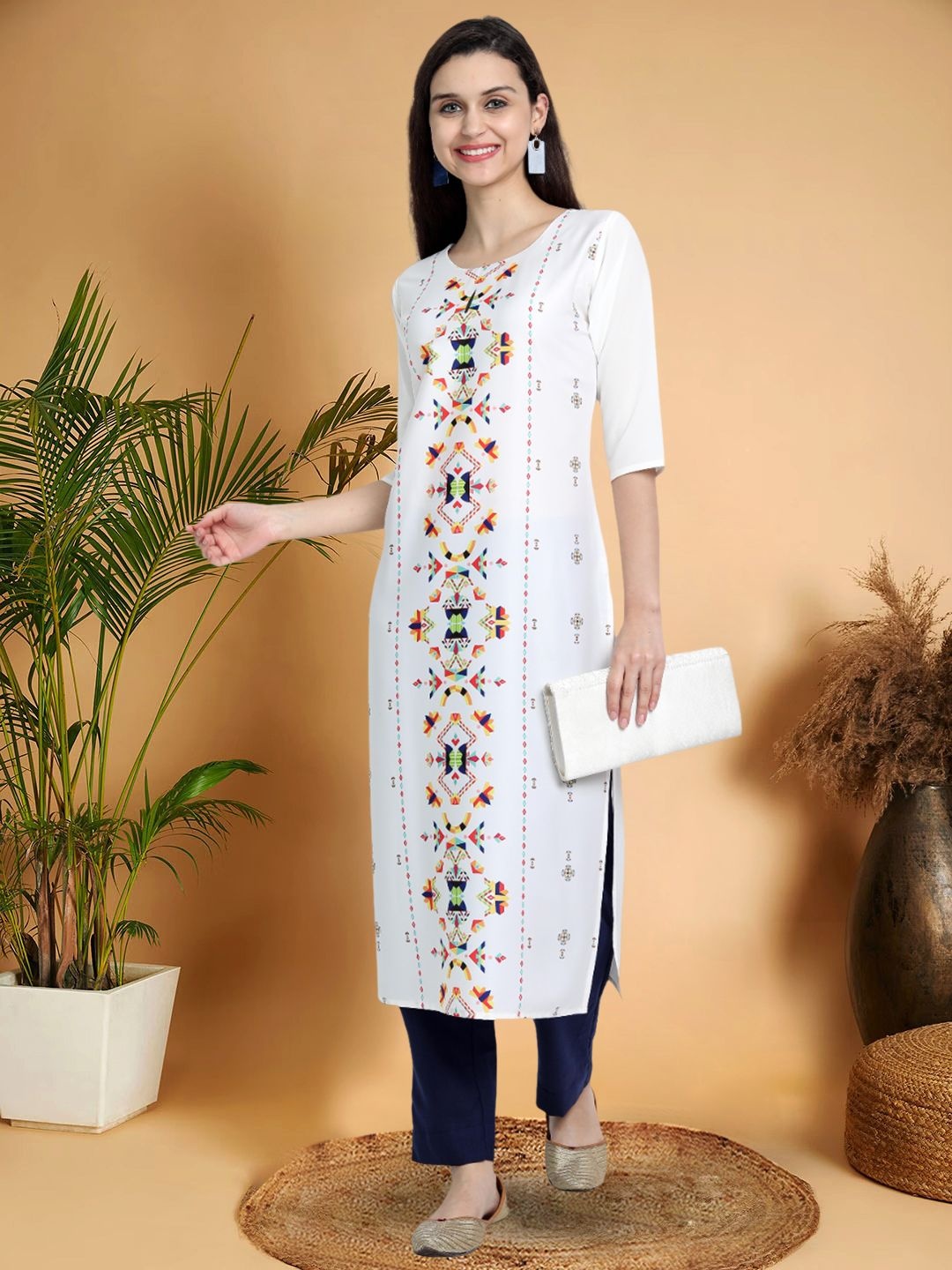 

7Threads Selection Of 4 Ethnic Motifs Printed Round Neck Straight Kurta, White