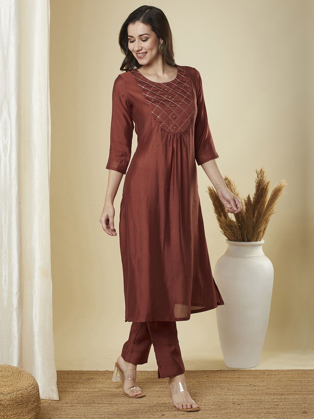 

KAMI KUBI Zari Embroidered Pleated Round Neck A-Line Kurta with Trousers, Rust