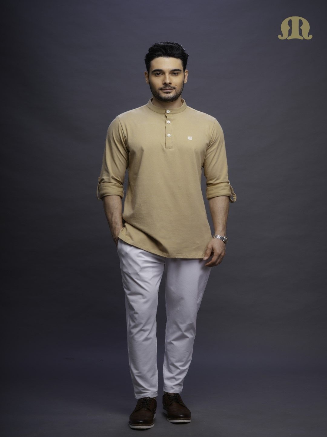 

MASHROO Band Collar Straight Kurta With Pyjamas, Beige