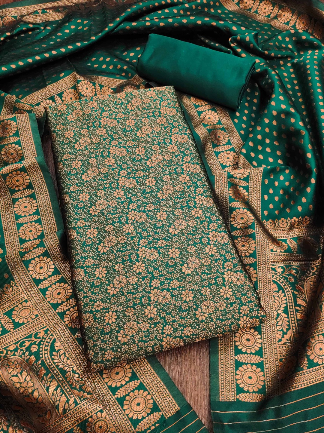 

MANVAA Floral Woven Design Unstitched Dress Material, Green