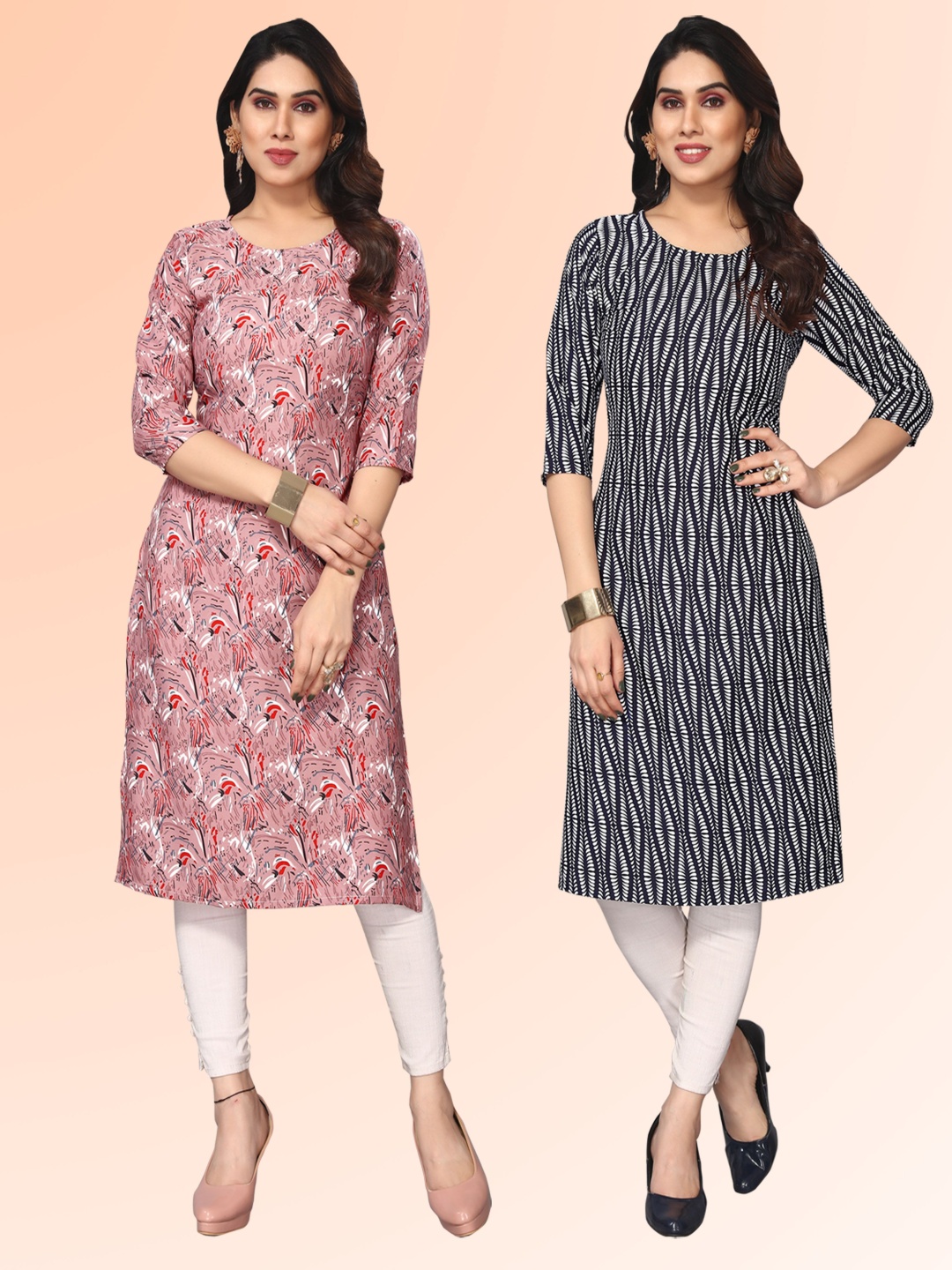 

KETAKI FASHION Selection Of 2 Geometric Printed Round Neck Kurtas, Pink