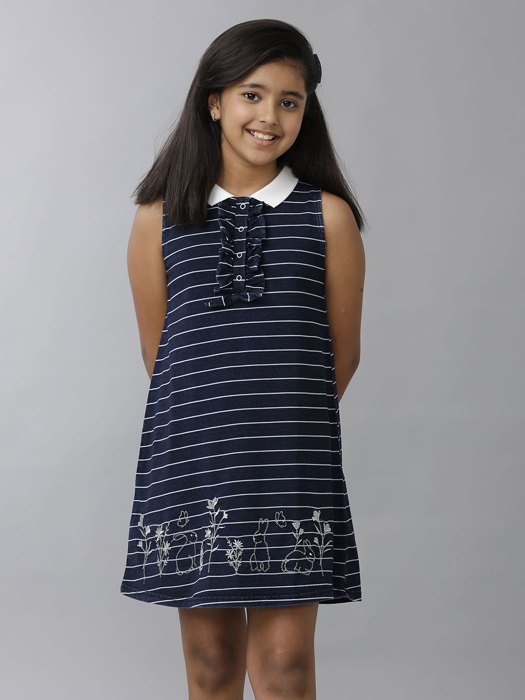 

UNDER FOURTEEN ONLY Girls Cotton Striped A-Line Dress, Blue