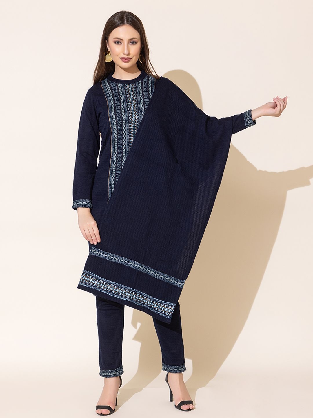 

KEIKO Geometric Woven Design Acrylic Straight Kurta with Trousers And Dupatta, Navy blue