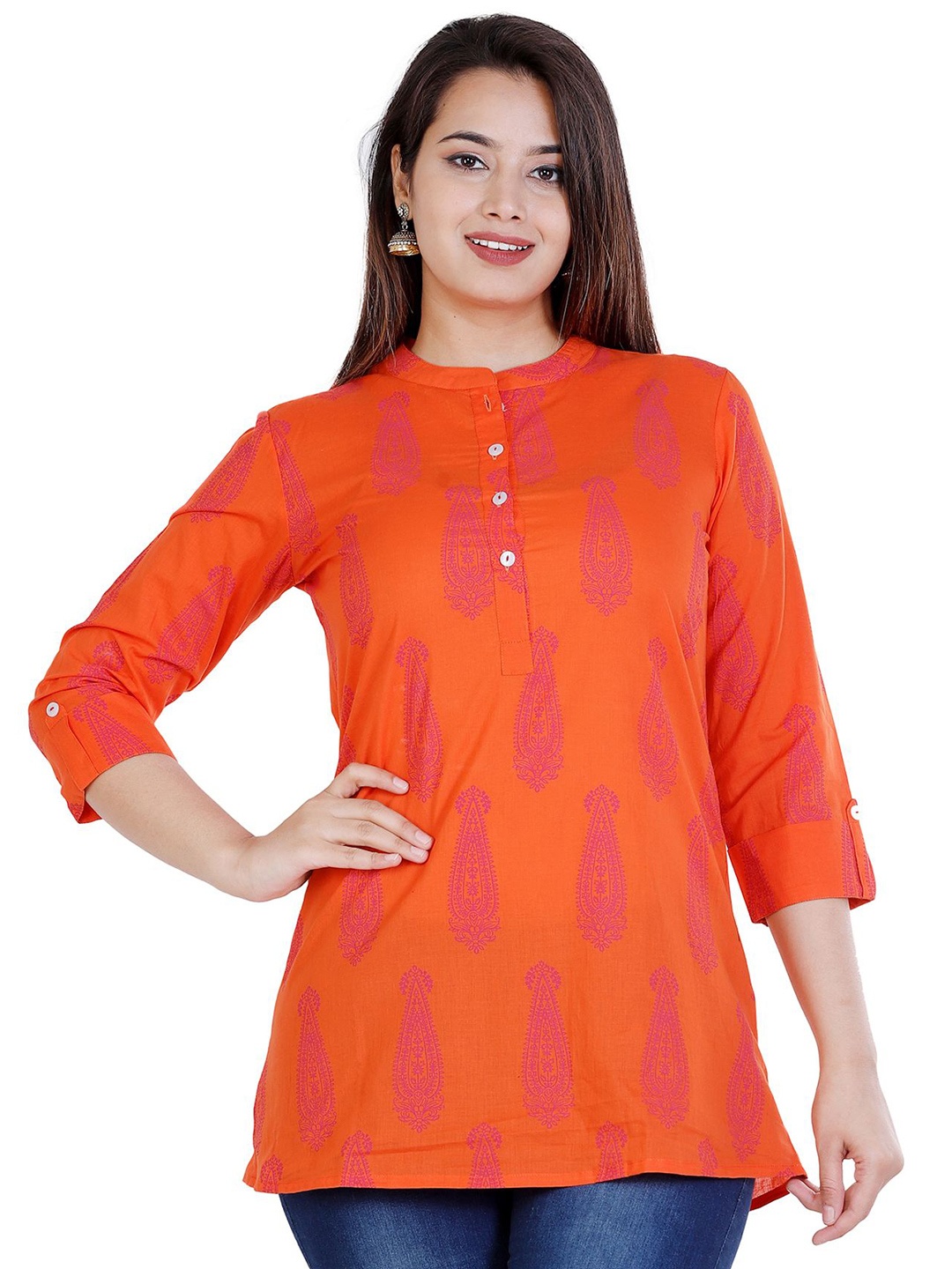 

NNAVDHA Women Printed Mandarin Collar Cotton Top, Orange