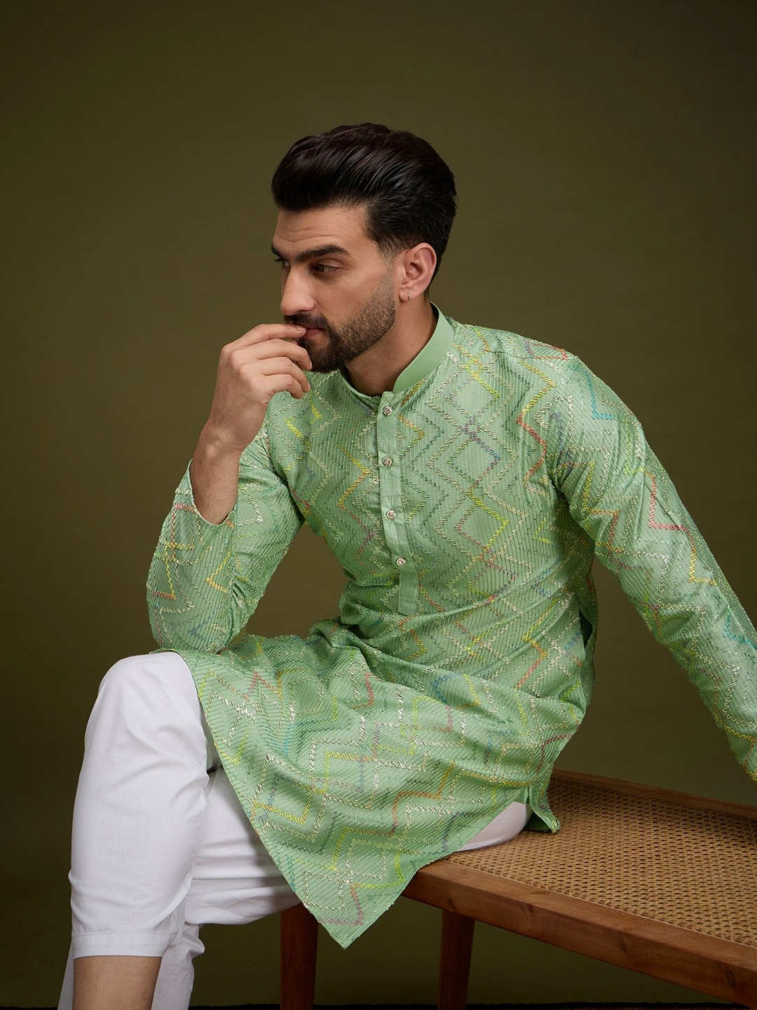 

Anouk Green Chevron Embroidered Gotta Patti Mandarin Collar Pure Cotton Straight Kurta
