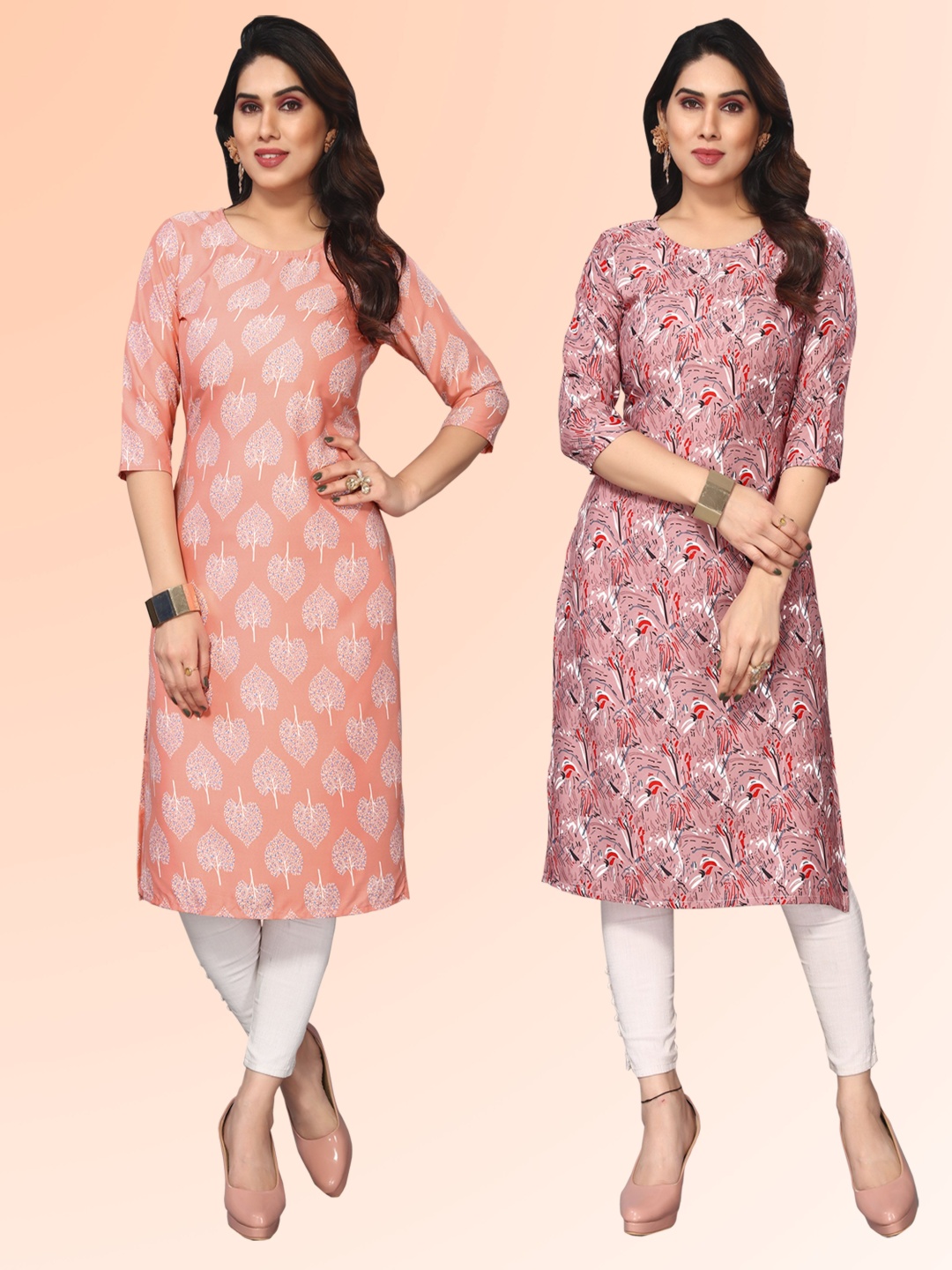 

KETAKI FASHION Selection of 2 Floral Printed Round Neck Straight Kurtas, Peach