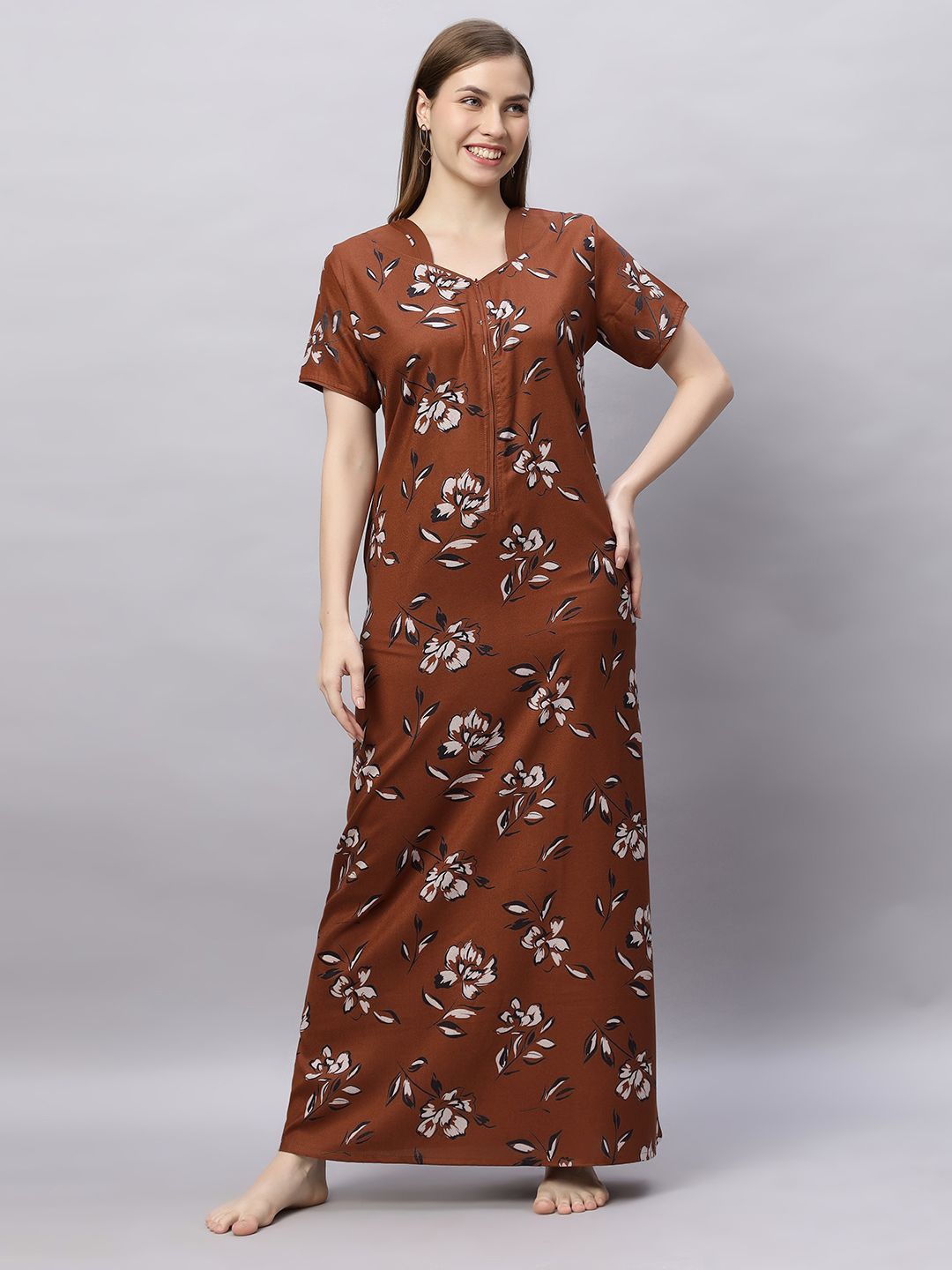 

QUIRA Women Floral Printed Maxi Nightdress, Rust