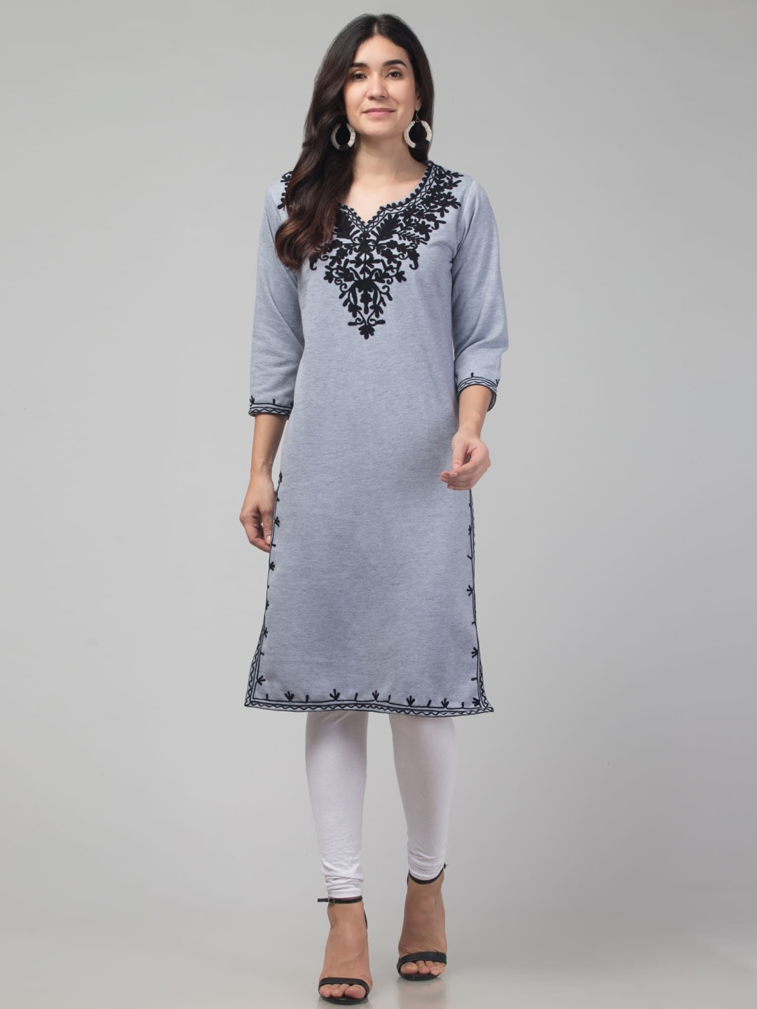 

FAMBEE Embroidered Notch Neck Woolen Straight Kurta, Grey