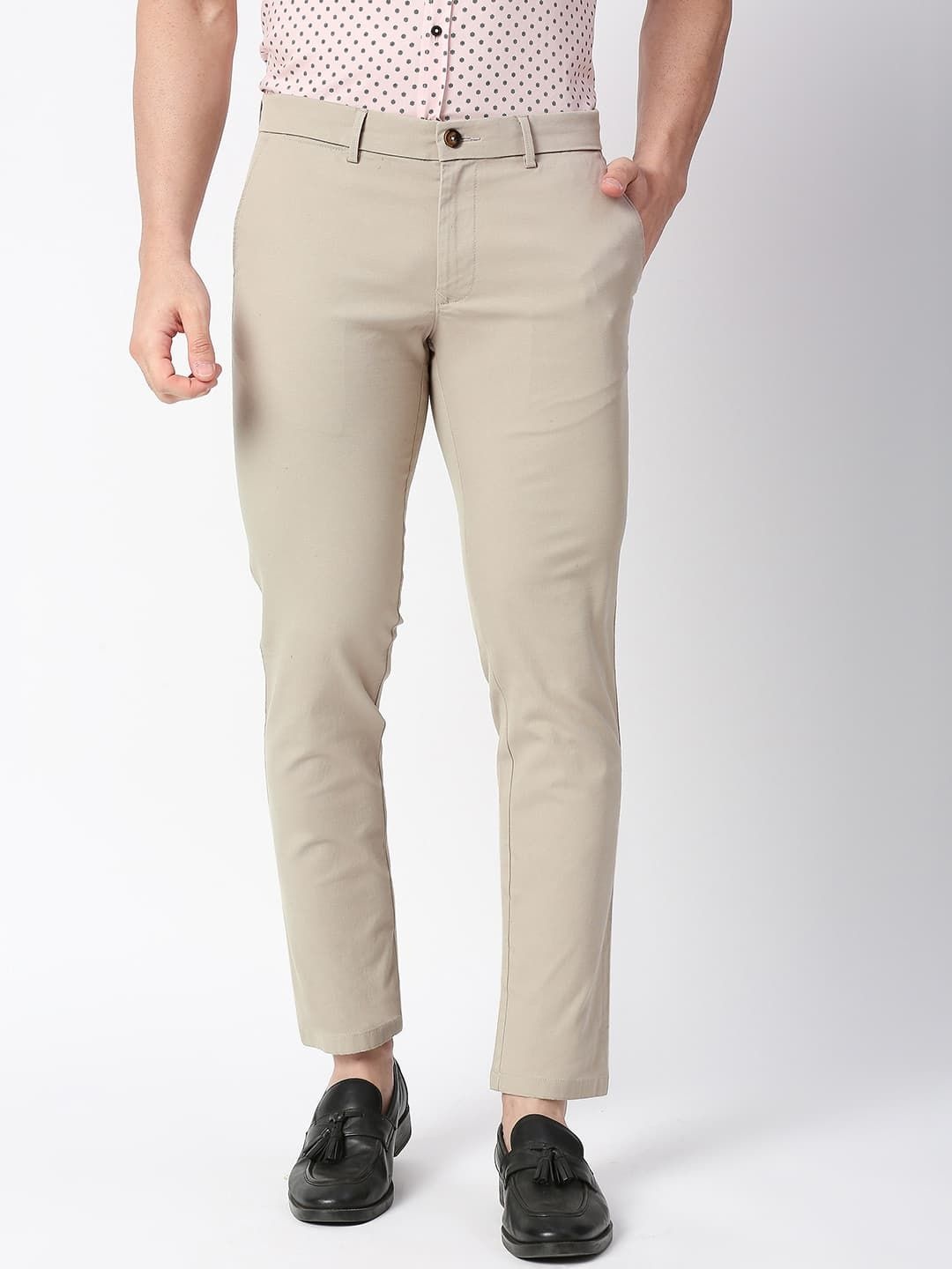 

Basics Men Cotton Tapered Fit Mid-Rise Chinos Trousers, Beige