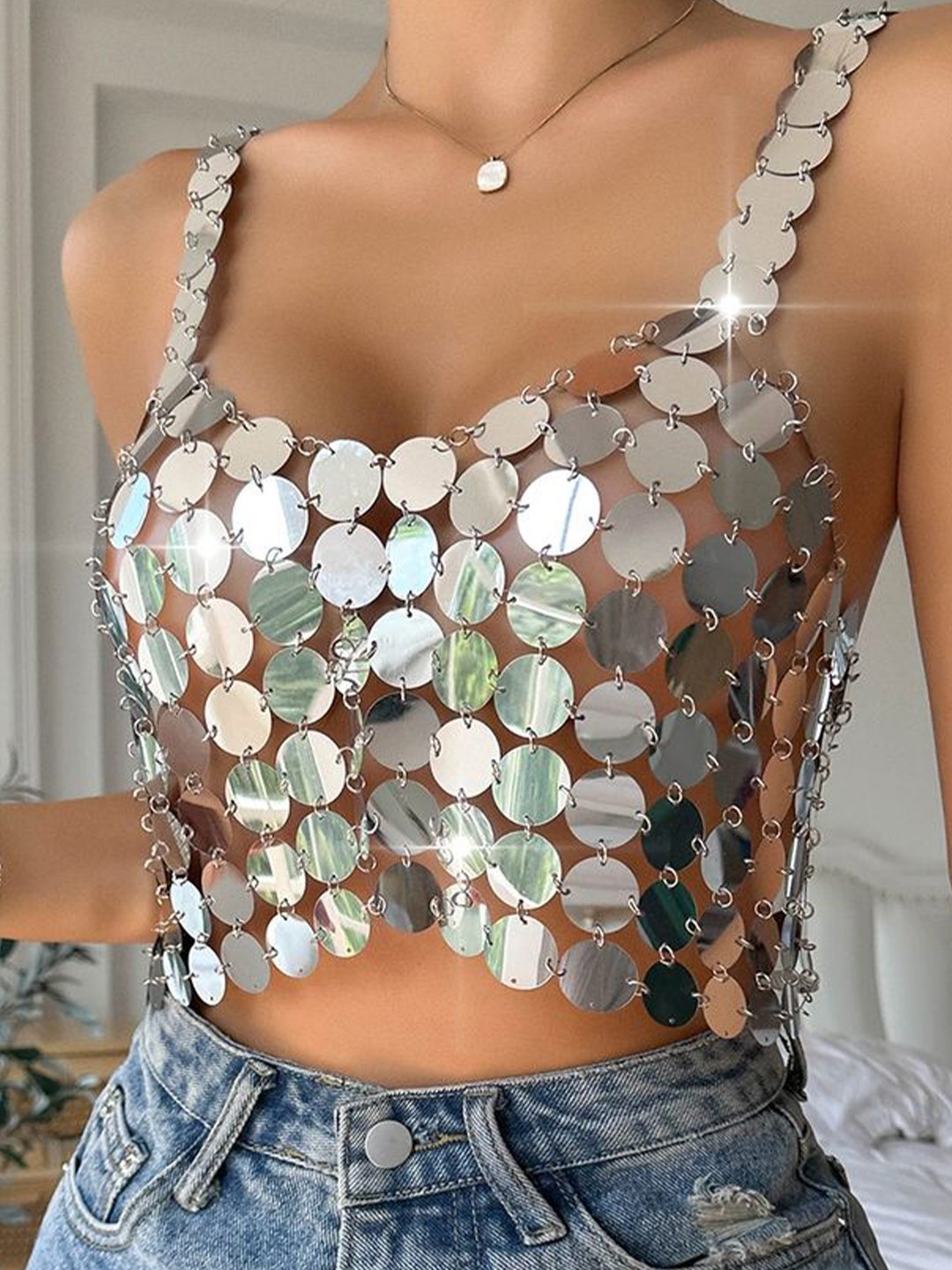

LULU & SKY Geometric Print PU Coated Crop Top, Silver