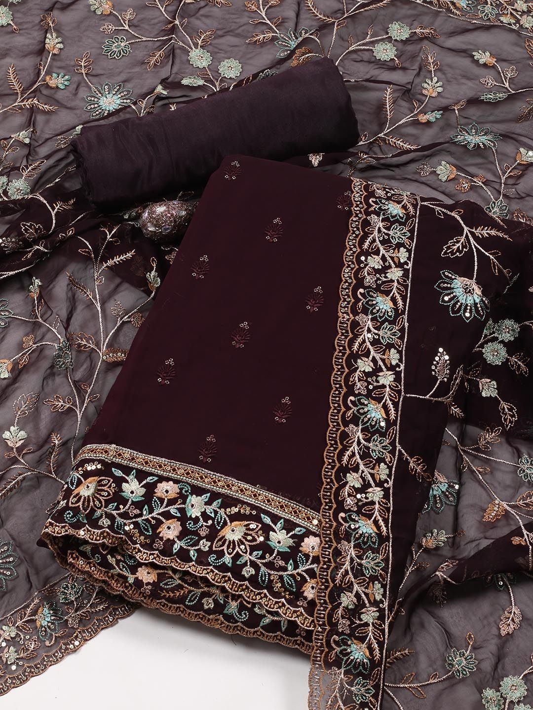 

Meena Bazaar Ethnic Motifs Embroidered Sequinned Unstitched Dress Material, Burgundy