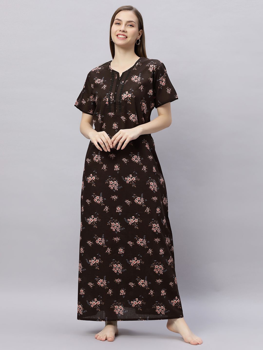 

QUIRA Women Printed Maxi Nightdress, Brown