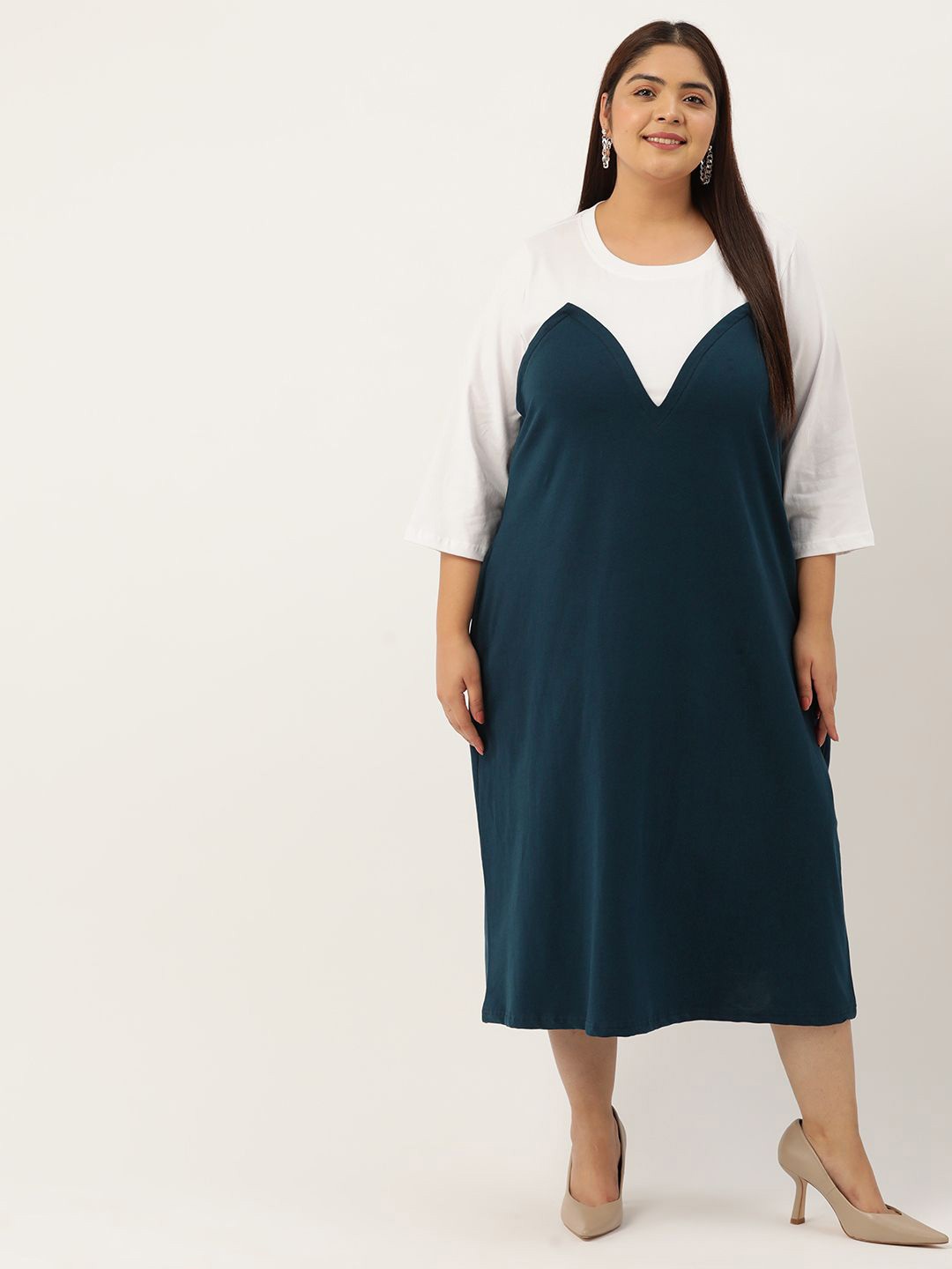 

theRebelinme Plus Size Colourblocked A-Line Midi Dress, Teal