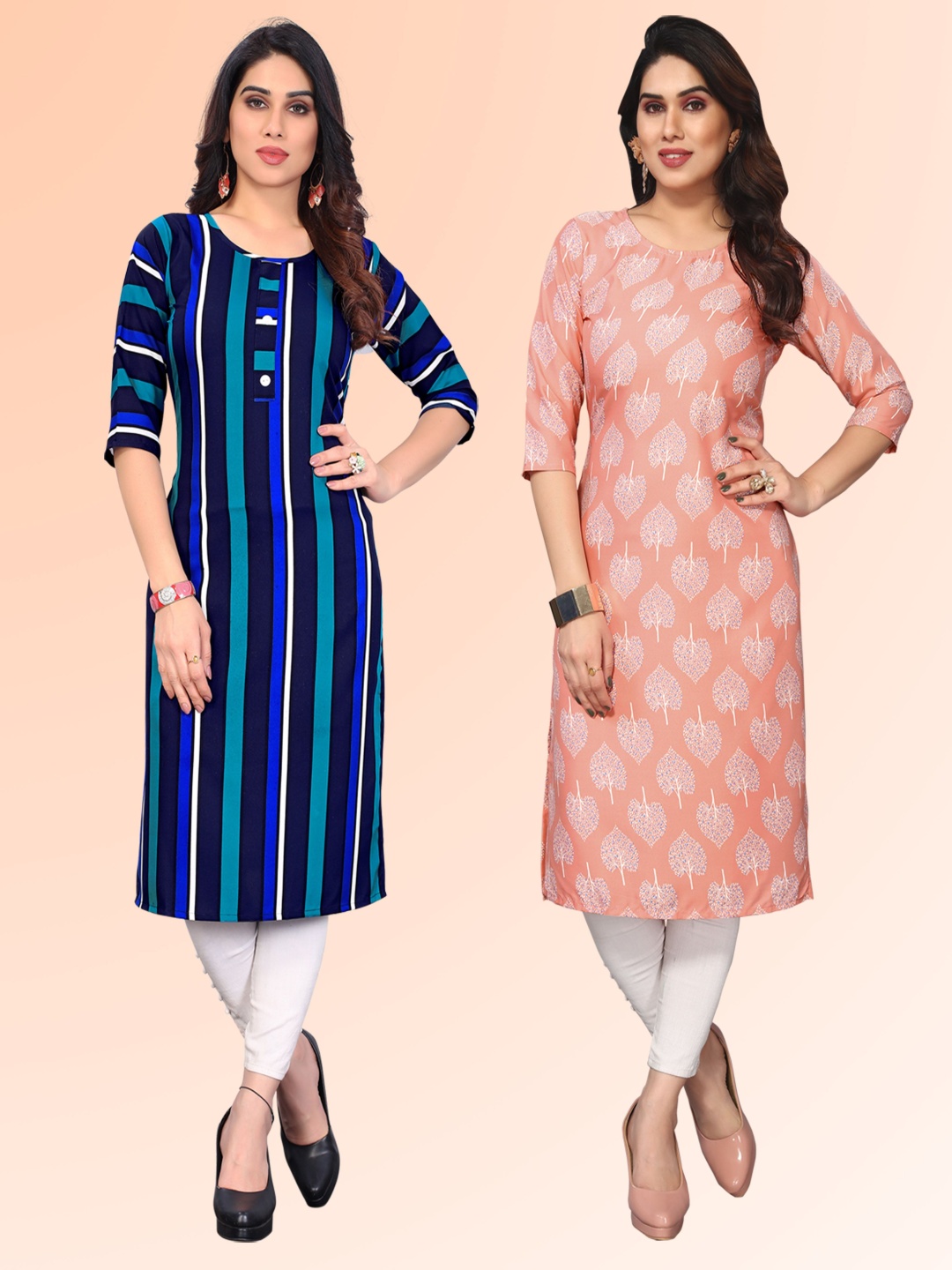 

KETAKI FASHION Selection Of 2 Striped Printed Round Neck Straight Kurtas, Blue