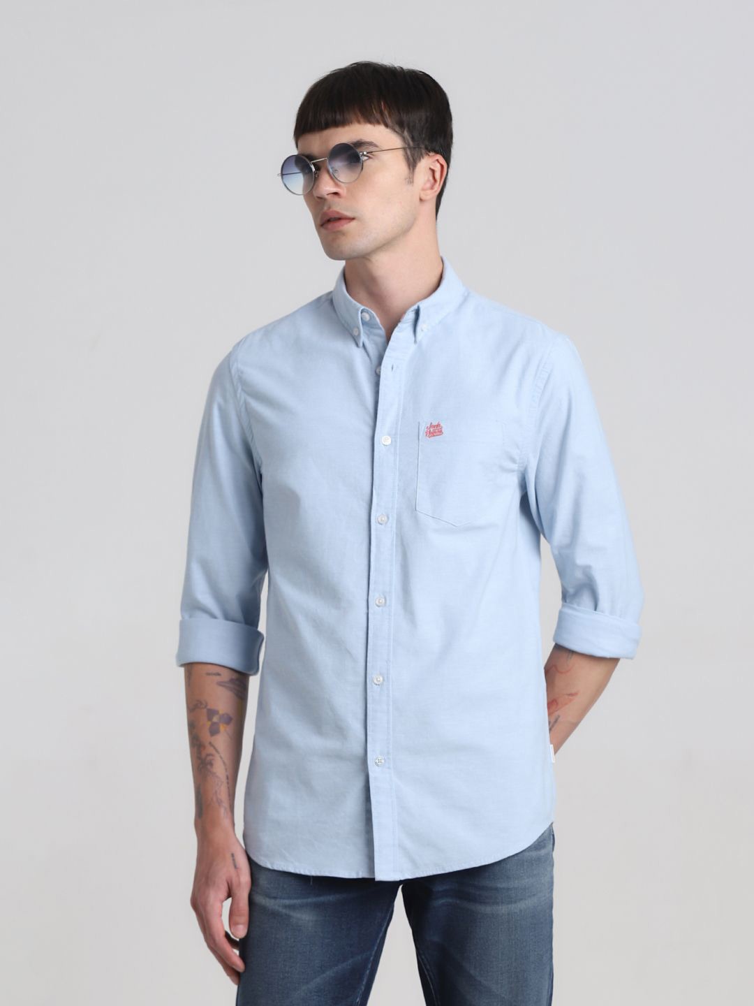 

Jack & Jones Men Button-Down Collar Solid Cotton Casual Shirt, Blue