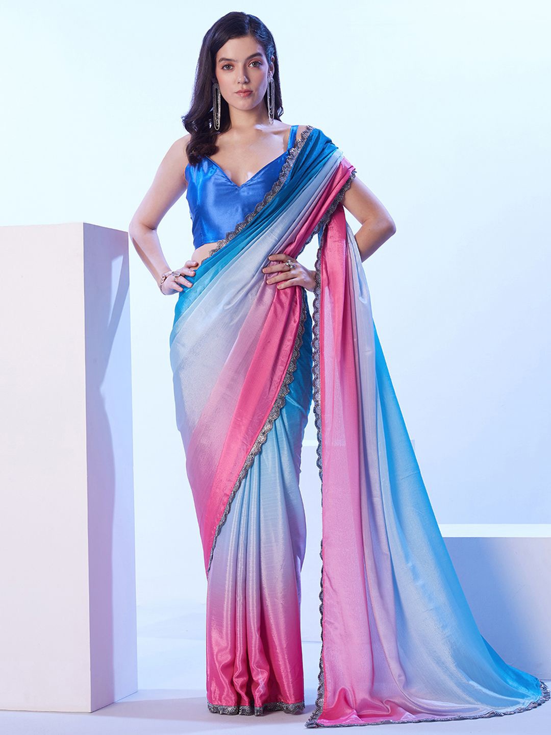 

Kalista Ombre Dyed Beads and Stones Saree, Blue