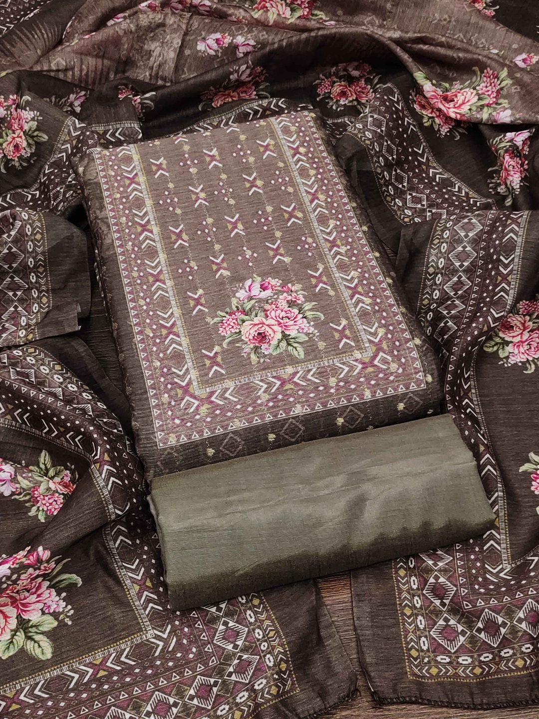

RUDRAA FAB Floral Printed Pure Chanderi Unstitched Dress Material, Brown