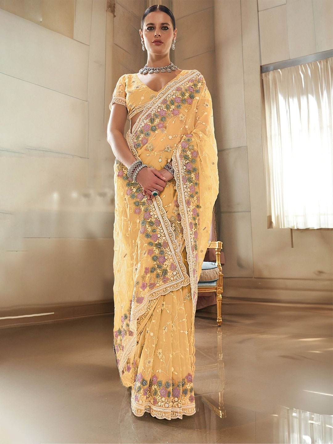 

MySilkLove Embroidered Ethnic Motifs Embellished Beads and Stones Saree, Yellow