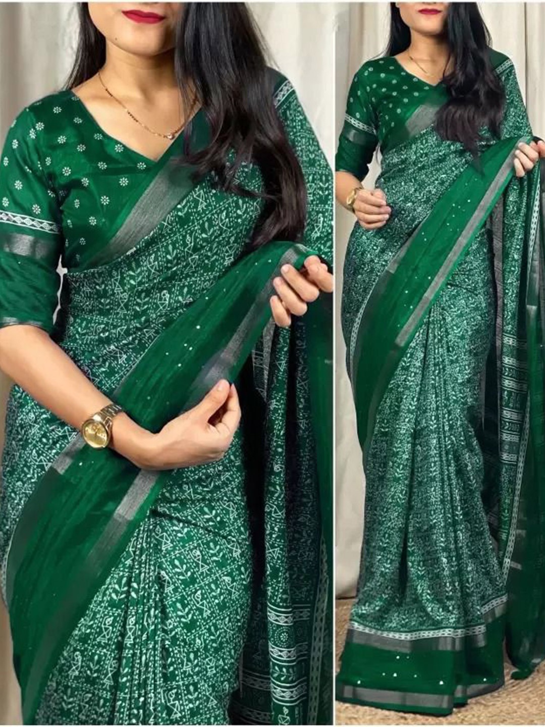 

SAADHVI Printed Zari Designer Saree, Green