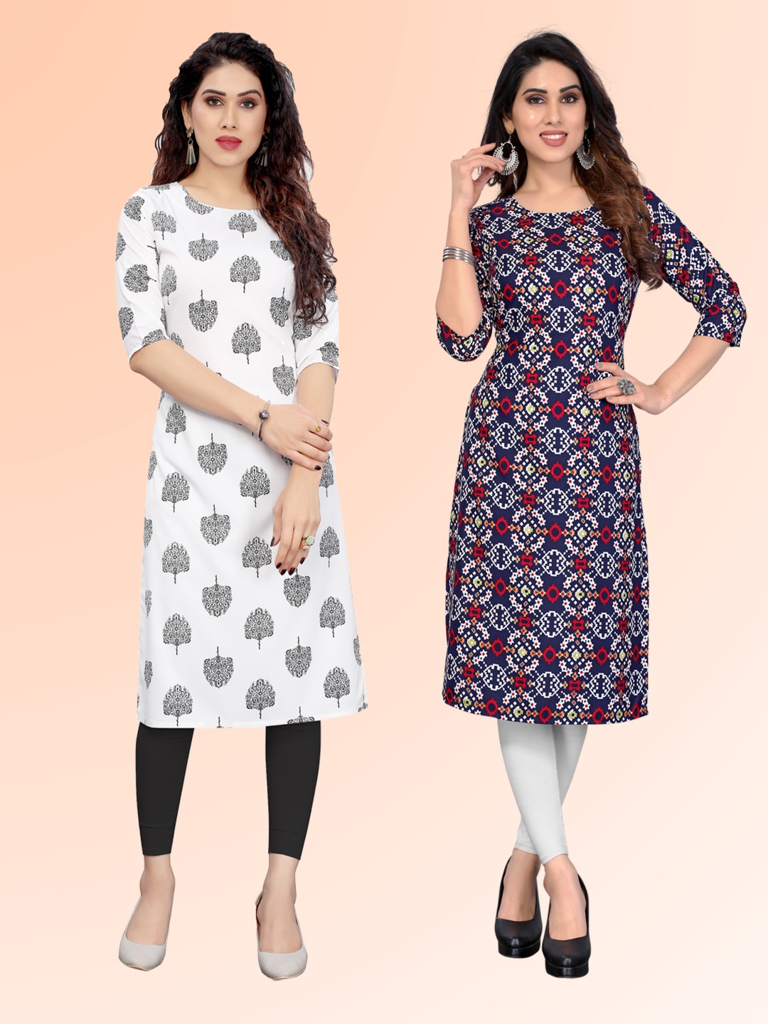 

KETAKI FASHION Selection Of 2 Ethnic Motifs Printed Round Neck Kurtas, Multi