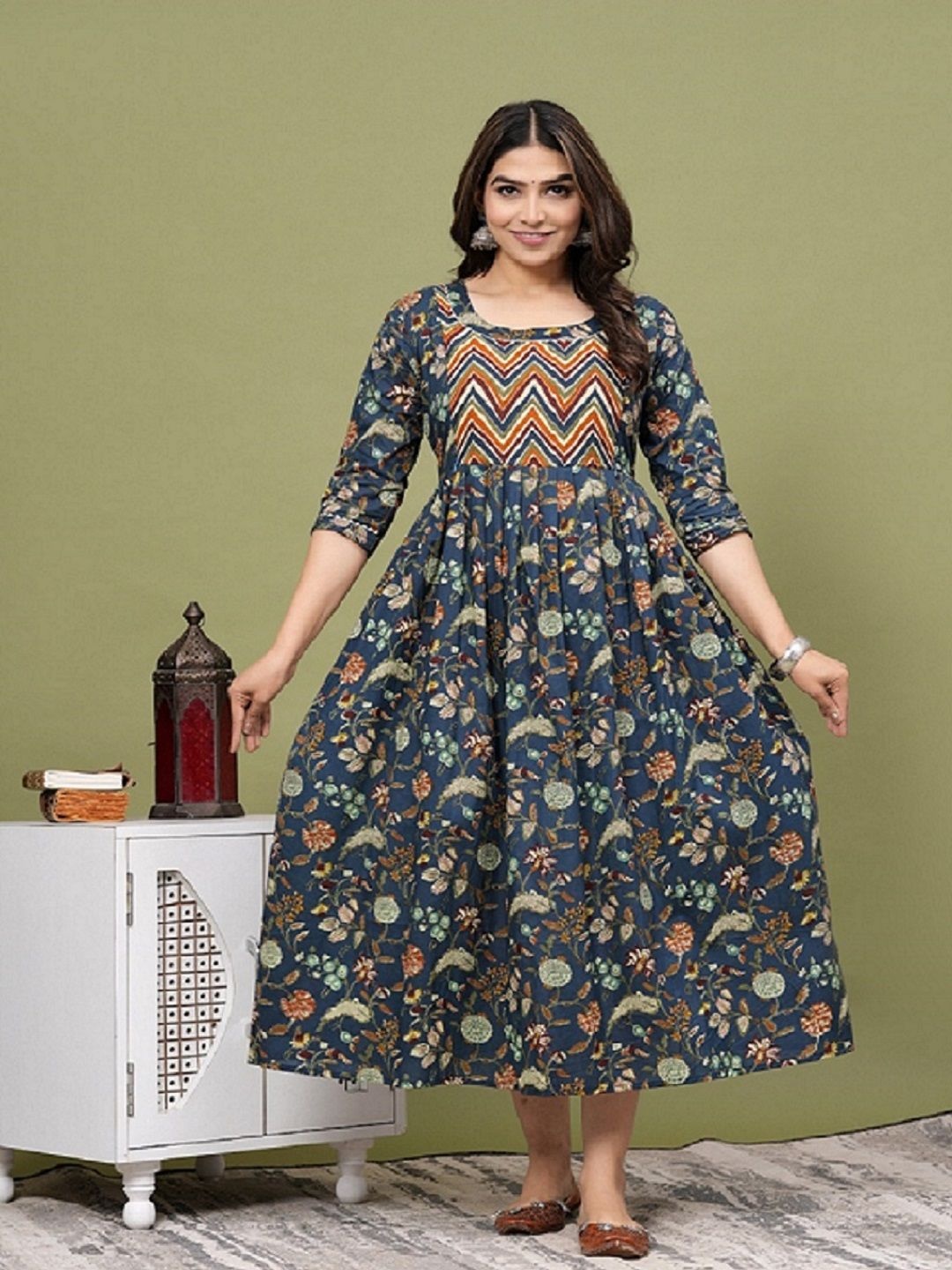 

Nevisha Style Floral Printed Round Neck Gotta Patti Maternity Cotton Anarkali Kurta, Teal