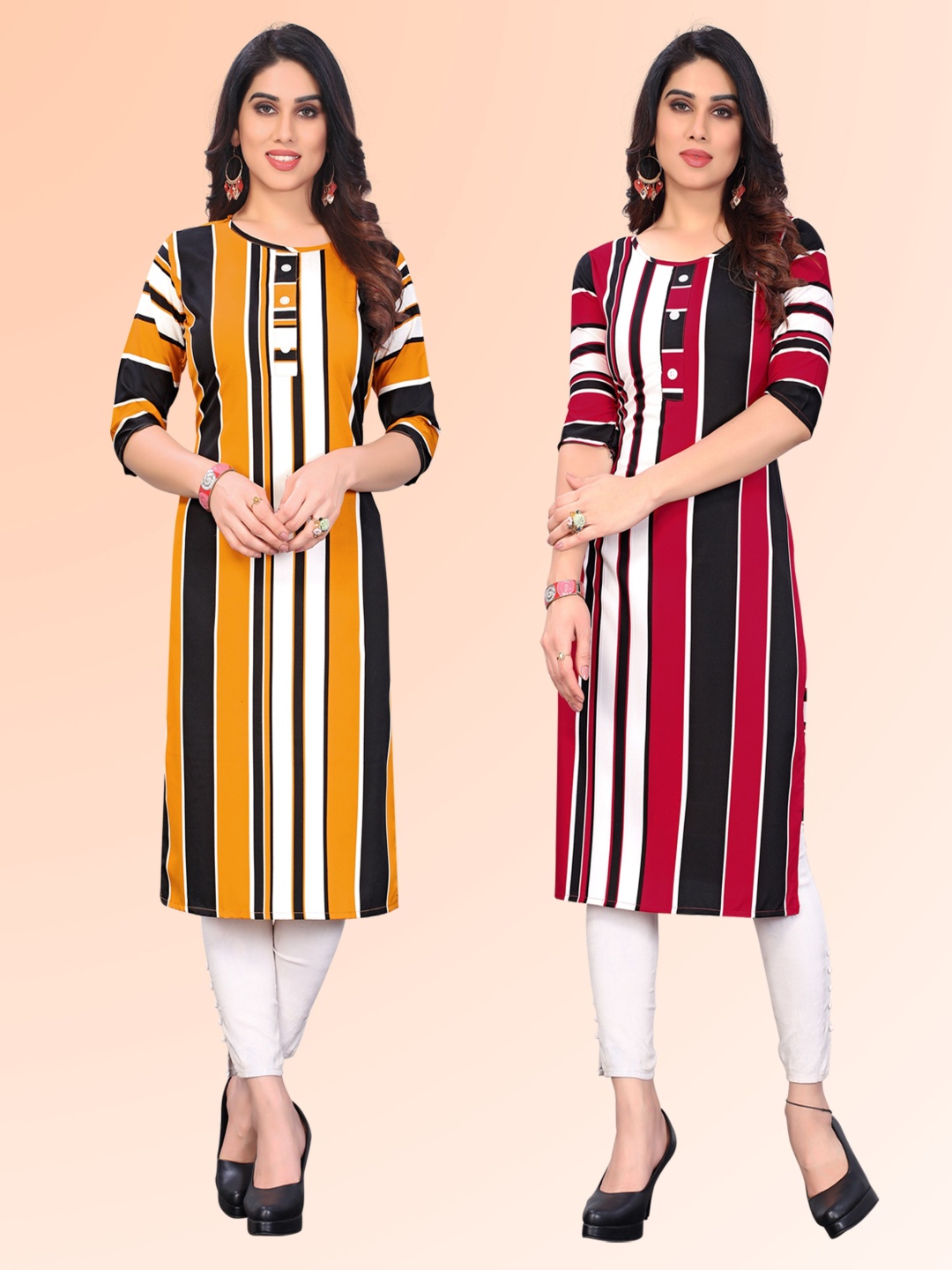 

KETAKI FASHION Selection of 2 Striped Round Neck Straight Kurtas, Mustard