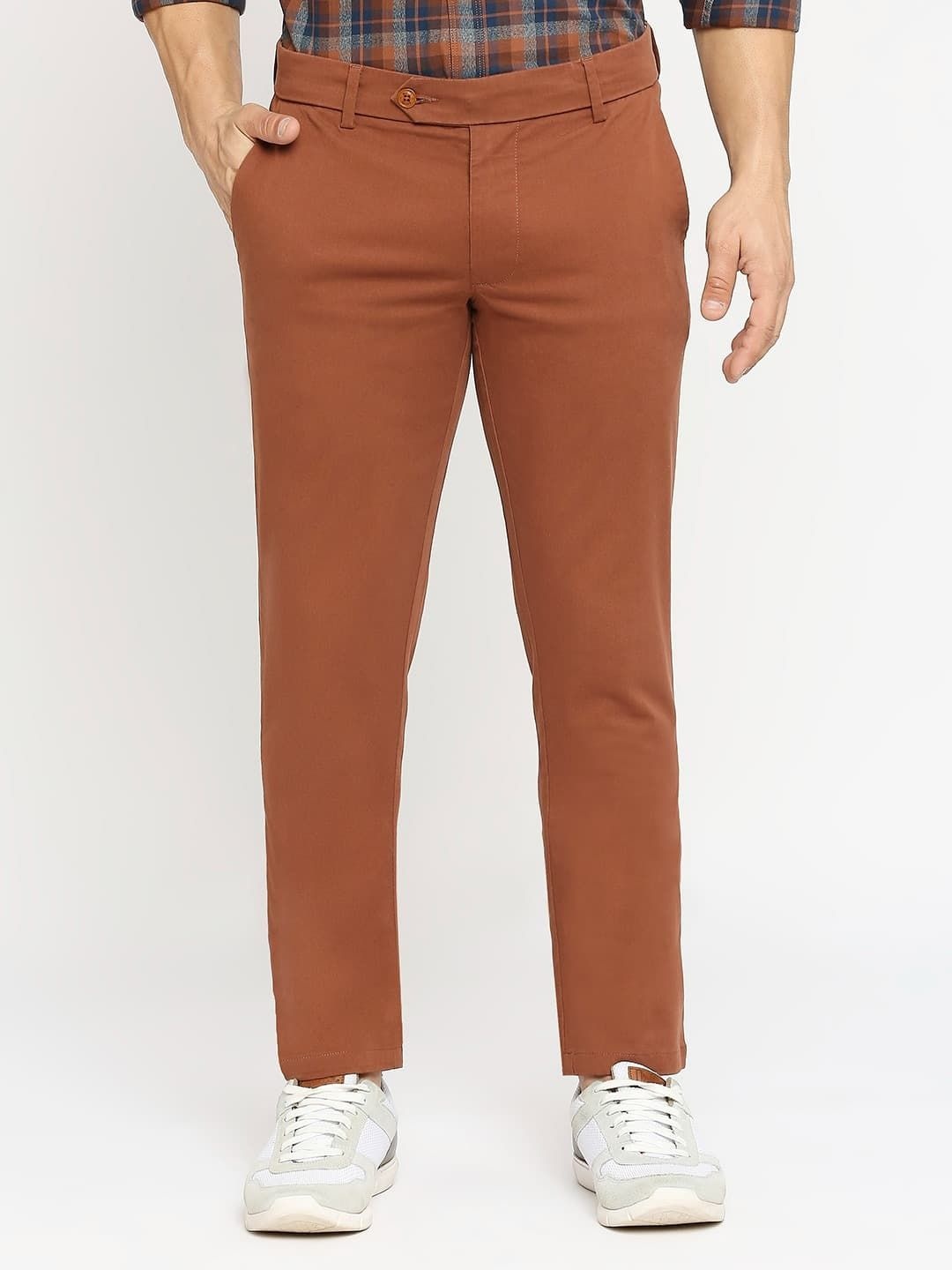 

Basics Men Mid-Rise Tapered Fit Formal Trousers, Rust