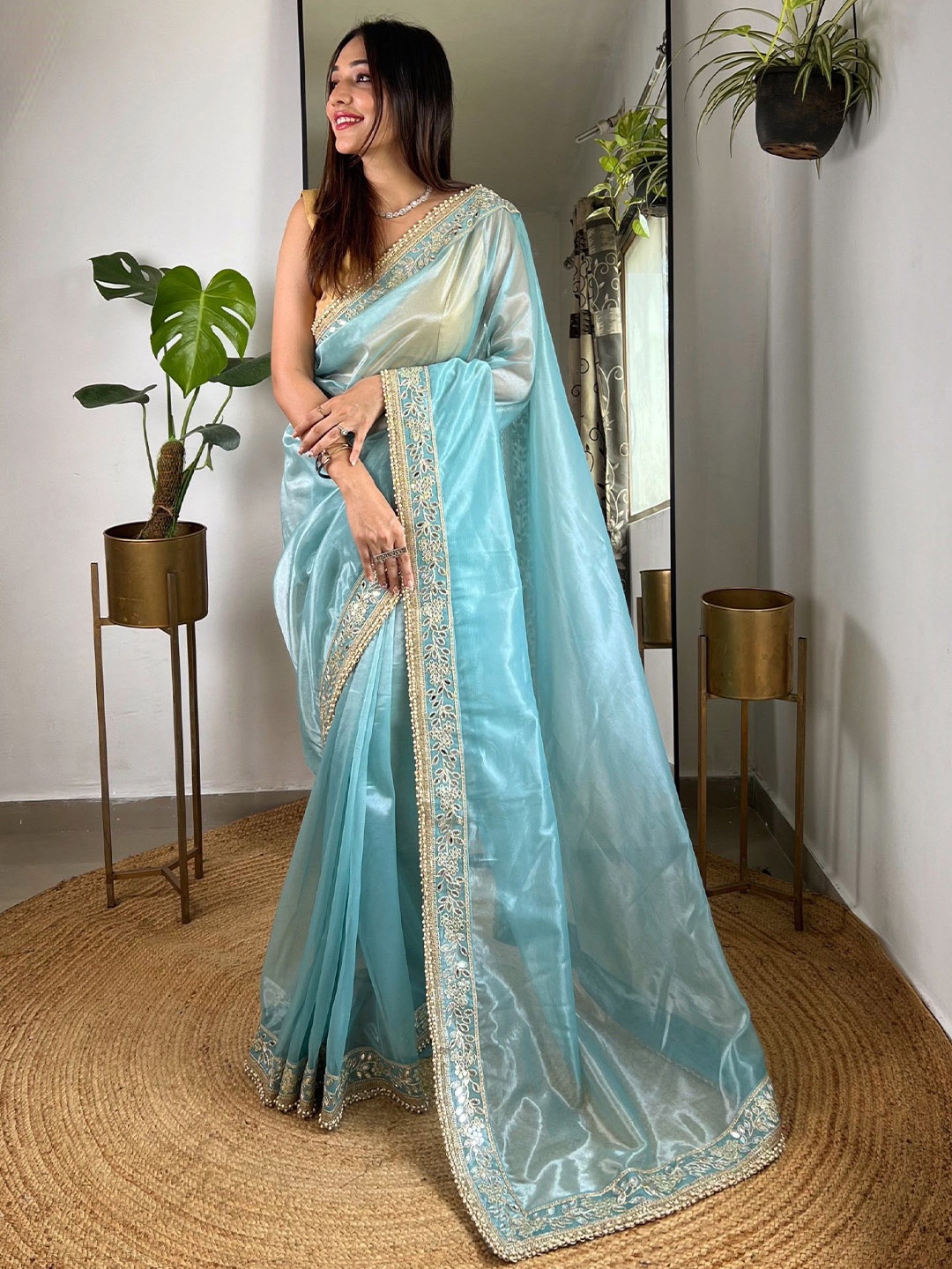

LeeliPeeri Designer Mirror Work Tissue Saree, Blue