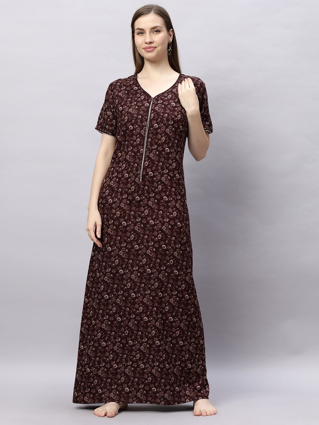 

QUIRA Women Printed Maxi Nightdress, Brown