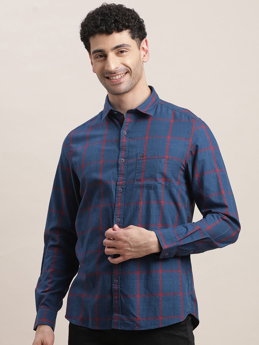 

Turtle Men Relaxed Fit Spread Collar Tartan Checked Cotton Casual Shirt, Navy blue