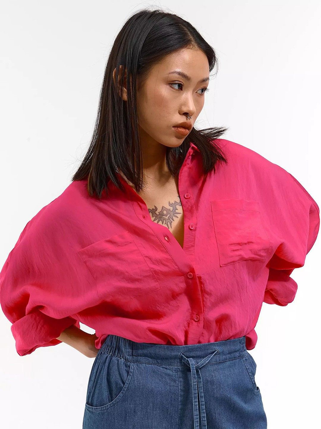 

WHY SO FAB Women Comfort Oversized Fit Spread Collar Solid Cotton Casual Shirt, Pink