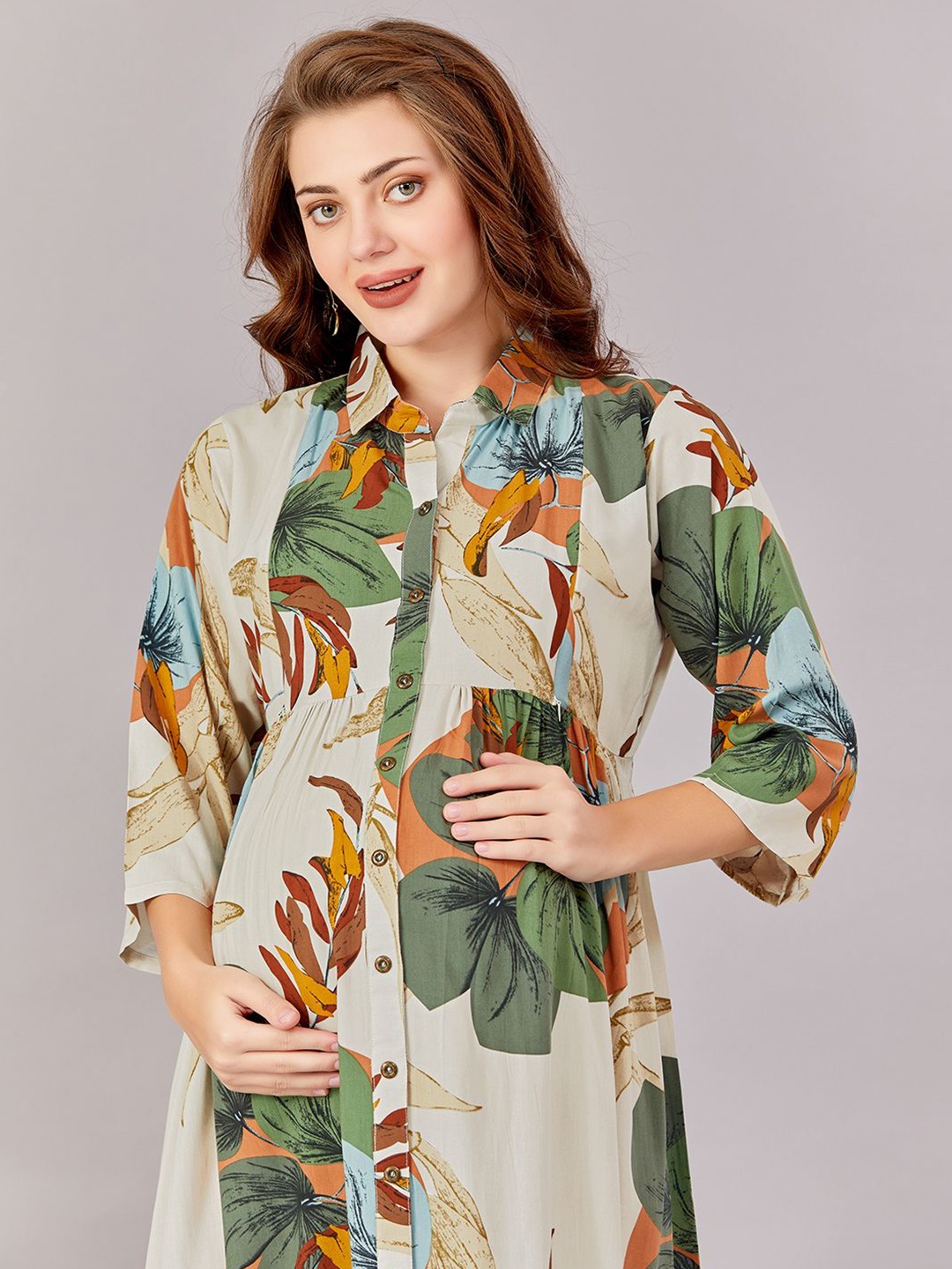 

LOVELY MOM'S Tropical Print A-Line Dress, Beige