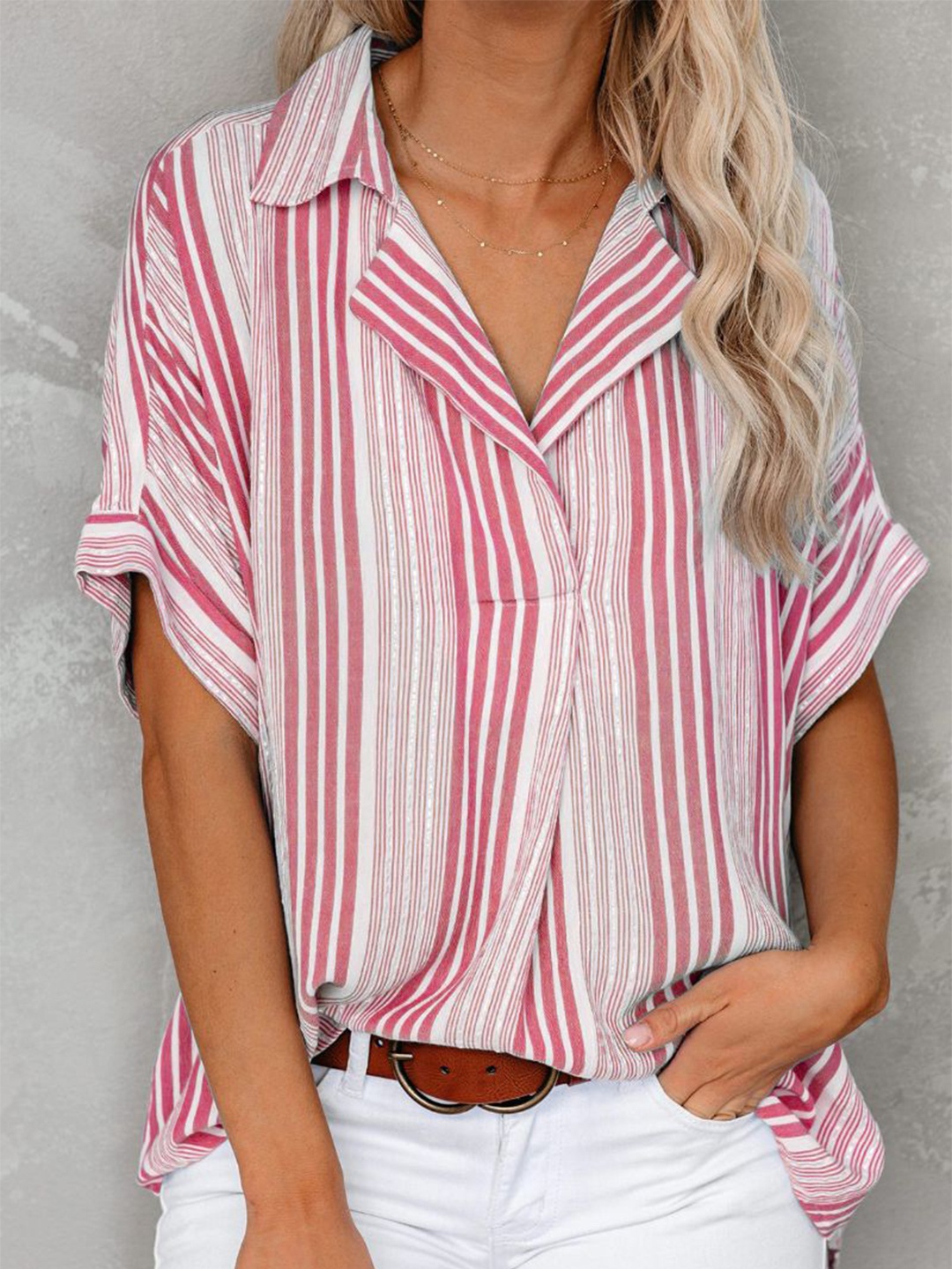 

StyleCast Women Cuban Collar Vertical Striped Chiffon Casual Shirt, White