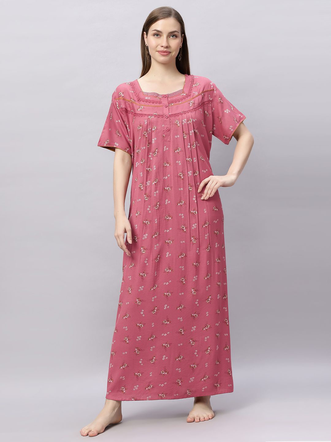 

QUIRA Women Printed Maxi Nightdress, Pink