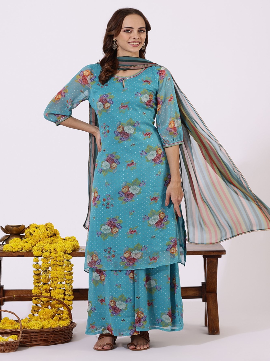 

W Floral Printed Sequinned A-Line Kurta With Palazzos & Dupatta, Blue