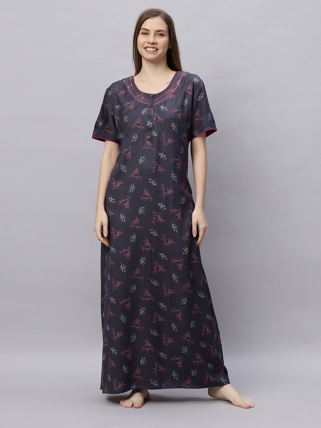 

QUIRA Women Floral Printed Maxi Nightdress, Grey