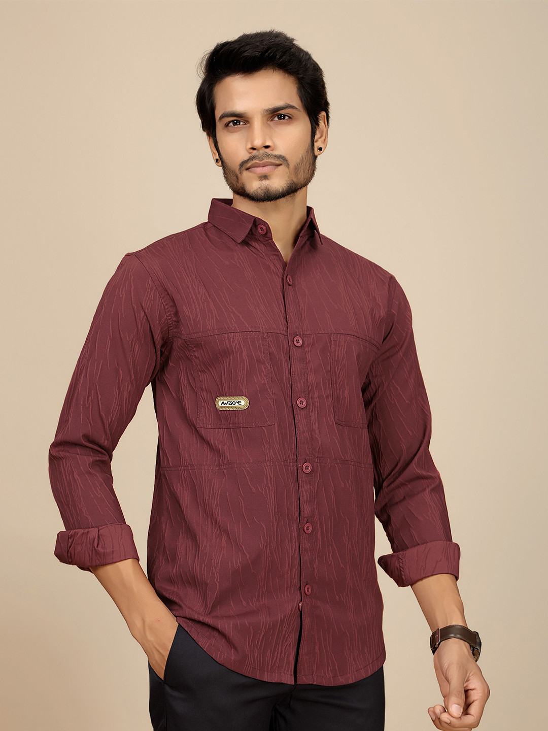 

JOSE N POSE Men Premium Tailored Fit Spread Collar Textured Cotton Casual Shirt, Maroon
