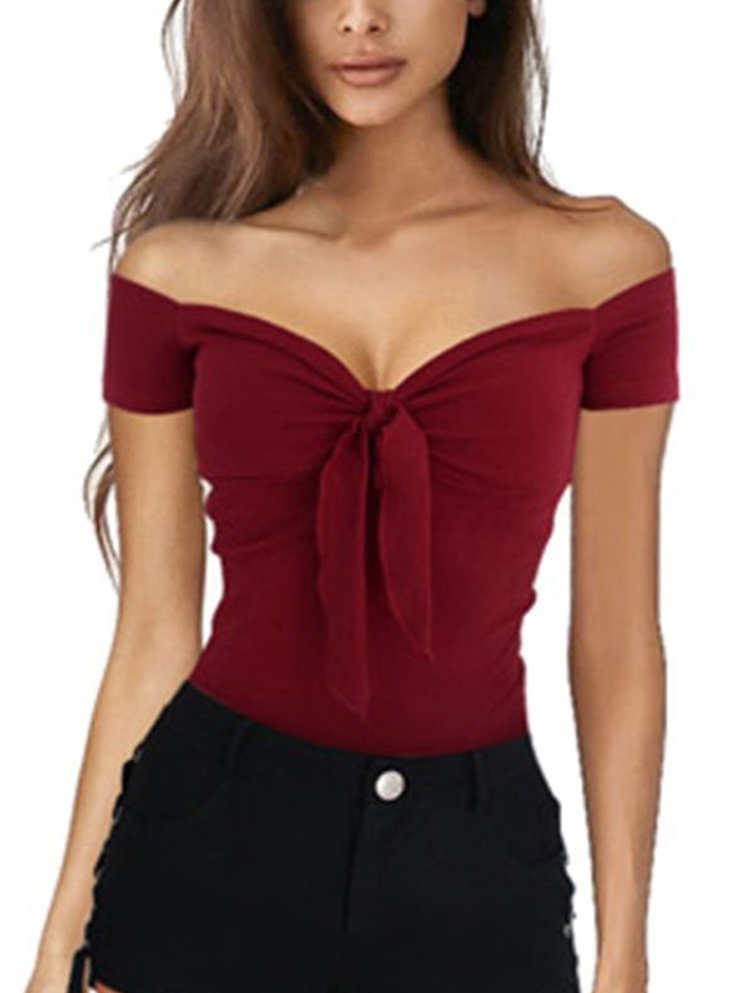 

StyleCast Women Off-Shoulder Cotton Fitted Top, Maroon